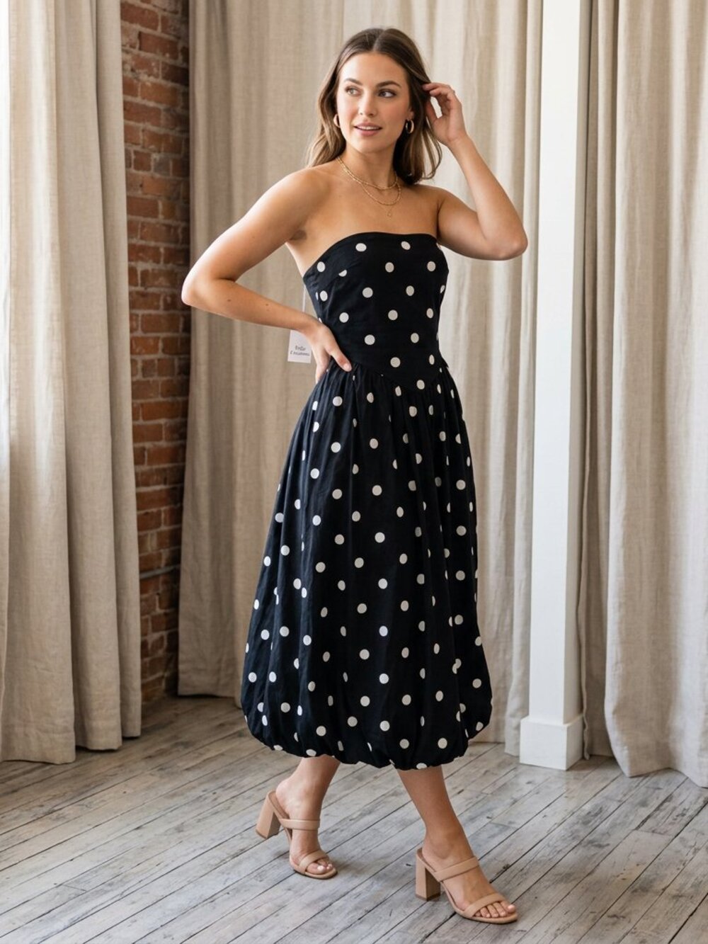 Tulip Creations Polka Dot Strapless Bubble Hem Midi Dress Black White S NWT